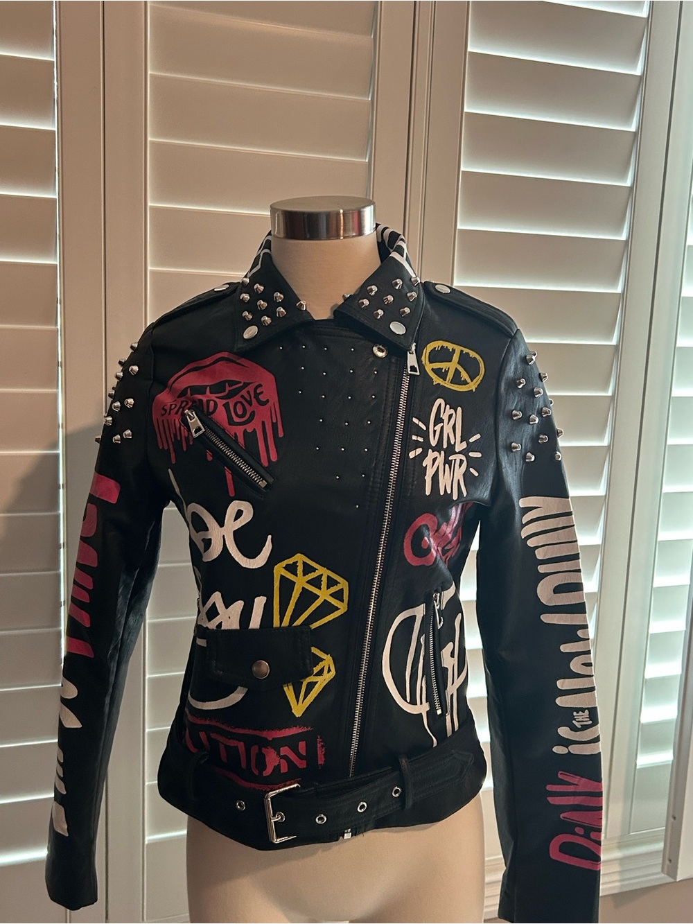 Faux Leather Studded Black Graffitti Moto Jacket, Ladies XS